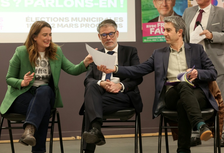 Marine Tondelier, Olivier Faure et François Ruffin à Amiens dans le cadre de la campagne des municipales le 9 mars 2026