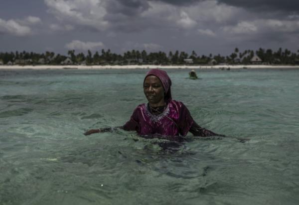 Une agricultrice de la Coopérative des producteurs d'éponges de Zanzibar, une organisation dirigée par des femmes, observe les environs à son arrivée à sa ferme au large de Jambiani (Tanzanie), le 25 octobre 2025