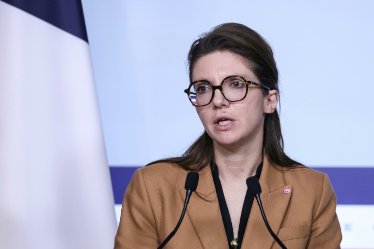La ministre déléguée chargée de la Lutte contre les discriminations Aurore Bergé, lors d'une conéfrence de presse à l'Elysée, le 26 novembre 2025 à Paris
