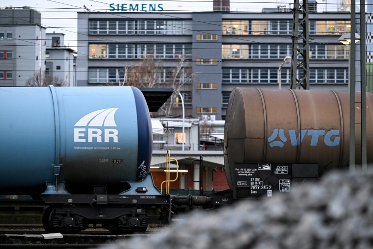 Railway tank cars in front of an industrial area with chemical enterprises in Frankfurt am Main