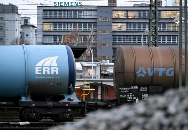 Railway tank cars in front of an industrial area with chemical enterprises in Frankfurt am Main