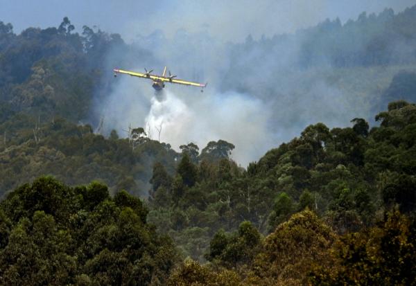 Un avion combat un incendie près du village de Vilaboa, dans le nord-ouest de l'Espagne le 22 août 2025.
