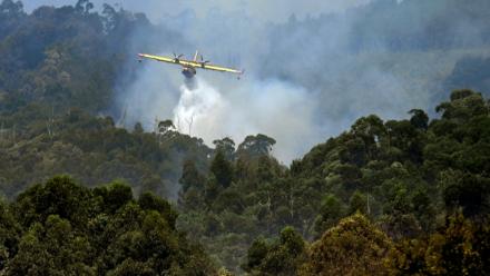 Un avion combat un incendie près du village de Vilaboa, dans le nord-ouest de l'Espagne le 22 août 2025.

