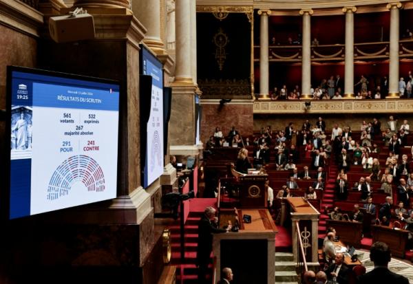 Un écran affiche le résultat du vote sur la loi relative à l'aide active à mourir, à l'Assemblée nationale, le 15 juillet 2026 à Paris