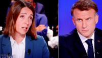 Le Président de la République Emmanuel Macron (D) a été confronté à la secrétaire générale de la CGT Sophie Binet sur le plateau de TF1, à Saint-Denis le 13 mai 2025.