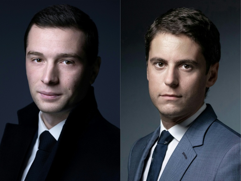 Montage réalisé le 7 mai 2024 du président du Rassemblement national (RN) Jordan Bardella (G), le 31 janvier 2024 à Paris, et de l'ex-Premier ministre Gabriel Attal, le 23 septembre 2020, à Paris 