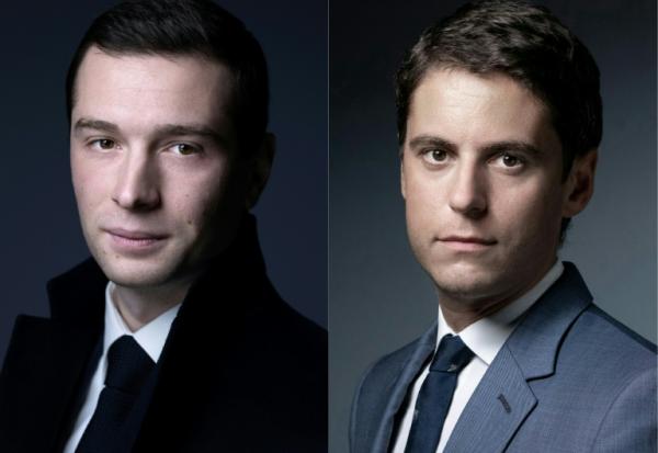 Montage réalisé le 7 mai 2024 du président du Rassemblement national (RN) Jordan Bardella (G), le 31 janvier 2024 à Paris, et de l'ex-Premier ministre Gabriel Attal, le 23 septembre 2020, à Paris 