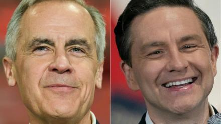 Combo photos montrant Mark Carney (à gauche) et Pierre Poilievre (à droite)