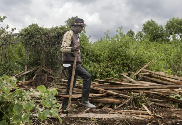 Fred Ngusilo, militant des droits humains de la communauté Ogiek, fouille les débris de sa maison familale dans la forêt de Mau, dans le comté de Narok, le 16 août 2025 au Kenya