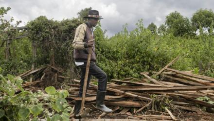 Fred Ngusilo, militant des droits humains de la communauté Ogiek, fouille les débris de sa maison familale dans la forêt de Mau, dans le comté de Narok, le 16 août 2025 au Kenya