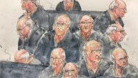 Croquis d'audience du 22 mai 2025 montrant l'ex-chirurgien pédocriminel Joël Le Scouarnec réagissant lors de l'audience de son procès pour viols et agressions sexuelles, au palais de justice de Vannes, dans le Morbihan