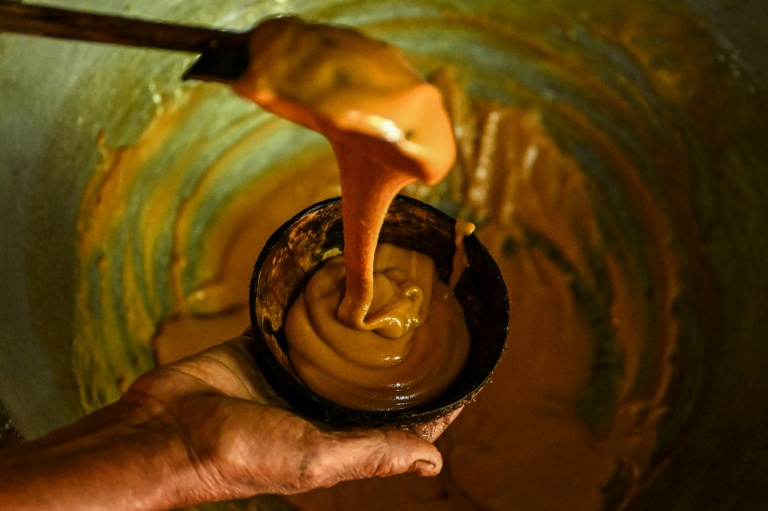 Sarath Ananda, un récolteur de sève de kithul, prépare du sucre de plame, dans le village d'Ambegoda, le 26 janvier 2026 au Sri Lanka