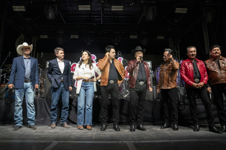 (g-d) Les candidats démocrates Bobby Pulido, James Talarico et Gina Hinojosa, et des membres du groupe norteño mexicain 