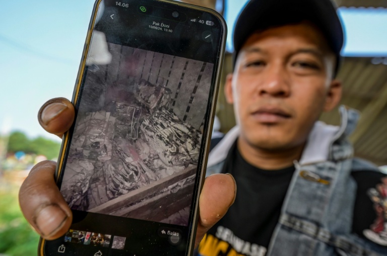 Jamaludin, ancien membre d'équipage d'un navire de pêche chinois, montre une photo d'ailerons de requin sur son téléphone lors d'un entretien avec l'AFP au port traditionnel du hameau de Bungko Lor, à Cirebon, le 10 juin 2026 en Indonésie