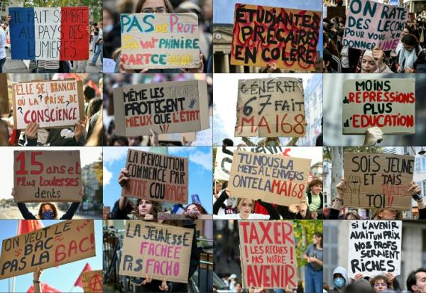 Pancartes de manifestants brandies lors de la mobilisation lycéenne et étudiante entre le 6 et le 13 octobre 2026 dans plusieurs villes de France