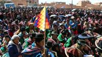 Rassemblement de dirigeants des "Ponchos Rouges", une organisation paysanne et indigène, pour discuter de la suite du mouvement de protestation, le 18 juin 2026 à Tilata, dans le département de La Paz, en Bolivie 