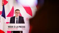 Olivier Faure, premier secrétaire du parti socialiste (PS),  présente ses vœux à la presse, à Paris, le 20 janvier 2026