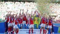Les joueuses d'Arsenal sacrées championnes d'Europe en battant Barcelone, le 24 mai 2025 à Lisbonne