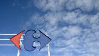 Logo Carrefour, à Rennes, le 25 février 2021. 