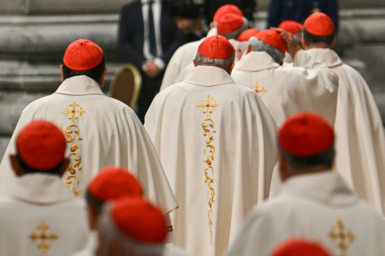 Des cardinaux arrivent pour assister à la messe du 9e jour des novendiales à la basilique Saint-Pierre au Vatican, le 4 mai 2025