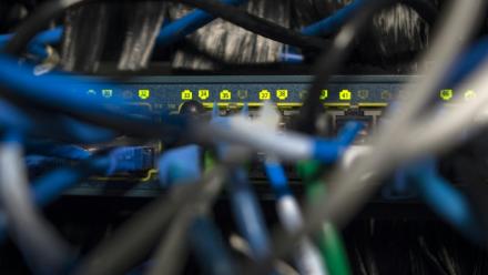 Des câbles réseau fichés dans le serveur d'un immeuble de bureaux à Washington, le 13 mai 2017