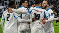 Les joueurs marseillais se congratulent après le but de Mason Greenwood (N.10), face à Rennes en Coupe de France, le 3 février 2026 au Vélodrome