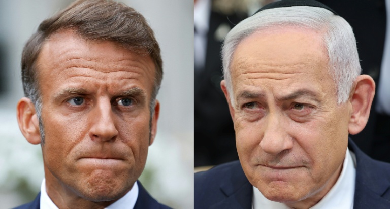 Photomontage du 20 août 2025 montrant le président français Emmanuel Macron et le Premier ministre israélien Benjamin Netanyahu
