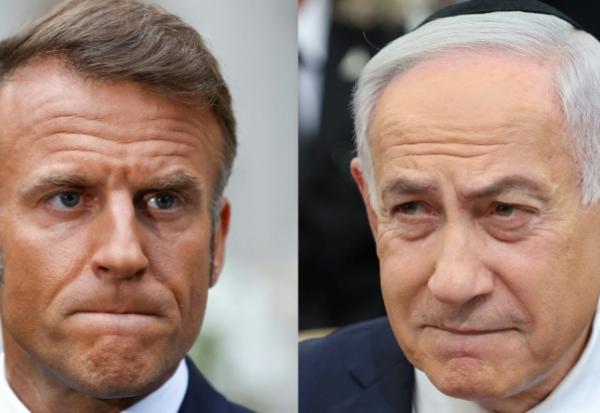 Photomontage du 20 août 2025 montrant le président français Emmanuel Macron et le Premier ministre israélien Benjamin Netanyahu