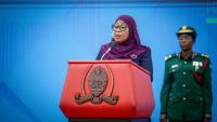 La présidente de la Tanzanie, Samia Suluhu Hassan, prononce un discours à Dar es Salaam, en Tanzanie, le 23 avril 2026