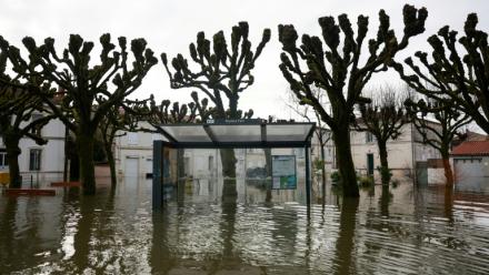 Un abri-bus inondé dans le centre-ville de Saintes, le 18 février 2026