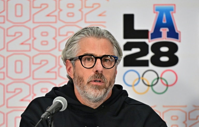 Le président du comité d'organisation des Jeux olympiques de Los Angeles 2028, Casey Wasserman, lors d'une conférence de presse, le 5 juin 2025 à Los Angeles, en Californie