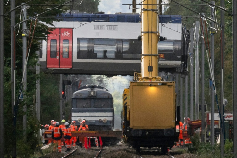 Des grues relèvent une voiture d'un train qui a déraillé, à Cléon, en Seine-Maritime, le 16 septembre 2026 