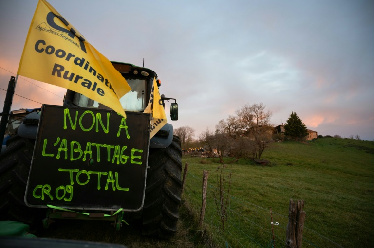 Cette photographie montre le tracteur d'un agriculteur arborant le drapeau de la Coordination Rurale (CR) à Bordes-sur-Arize, le 10 décembre 2025