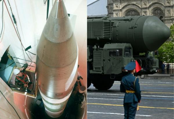 Combinaison d'images du 5 février 2026 montrant à gauche une image fournie par l'US Air Force d'un technicien inspectant un missile LGM-30G Minuteman III dans un silo situé dans le Dakota, aux Etats-Unis et à gauche un missile balistique intercontinental A RS-24 Yars sur la place Rouge à Moscou le 9 mai 2025 lors du défilé du jour de la victoire