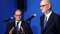 Le gouverneur de la Banque de France Emmanuel Moulin et le ministre de l'Economie Roland Lescure, lors d'une conférence de presse à Paris, le 15 septembre 2026