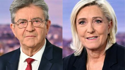 Le leader LFI Jean-Luc Mélenchon (g) le 3 mai 2026 et la cheffe du groupe parlementaire RN à l'Assemblée nationale Marine Le Pen le 10 juin 2024, sur le plateau de TF1 à Boulogne-Billancourt, dans les Hauts-de-Seine