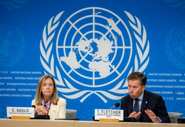La secrétaire générale de l'OMM Celeste Saulo, à gauche, et le sous-secrétaire général des Nations unies Tom Fletcher, à Genève, le 21 octobre 2026, en Suisse