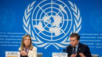 La secrétaire générale de l'OMM Celeste Saulo, à gauche, et le sous-secrétaire général des Nations unies Tom Fletcher, à Genève, le 21 octobre 2026, en Suisse