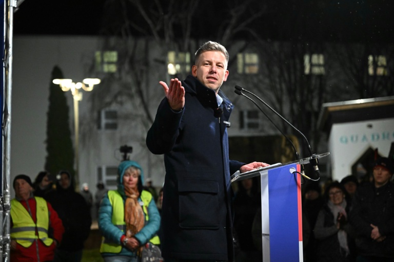 Le chef de l'opposition hongroise et candidat au poste de Premier ministre hongrois, Peter Magyar, s'adresse à ses partisans le 16 février 2026 lors d'un rassemblement de campagne à Mezokovesd (Hongrie)