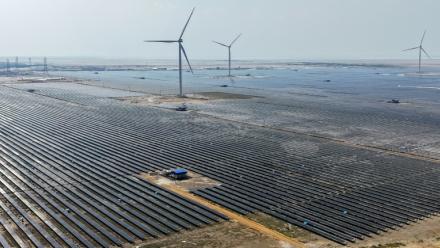 Cette photographie aérienne prise le 15 octobre 2024 montre des éoliennes et des panneaux solaires installés à la centrale d'énergie renouvelable verte d'Adani à Khavda, dans l'État indien du Gujarat