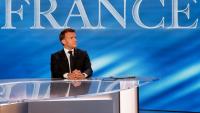 Le président Emmanuel Macron sur le plateau du JT de TF1, le 13 mai 2025 à Saint-Denis, au nord de Paris