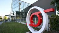 Photo prise le 28 mai 2026 du logo d'une chaîne du groupe audiovisuel public hongrois MTVA, à Budapest 