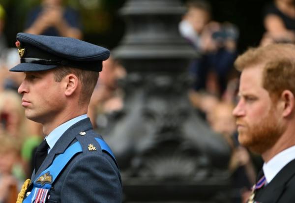 Le prince William, prince de Galles (G, et le prince Harry, duc de Sussex, participent au cortège accompagnant le cercueil de la reine Elizabeth II de l'abbaye de Westminster à Londres, le 19 septembre 2022