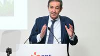 Le PDG d'EDF Bernard Fontana s'exprime lors de la présentation des résultats du groupe, le 20 février 2026 à Paris