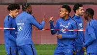 Désiré Doué (c) lors de l'entraînement de l'équipe de France, à la veille du match de Ligue des nations contre la Belgique, le 27 septembre 2026 à Bruxelles