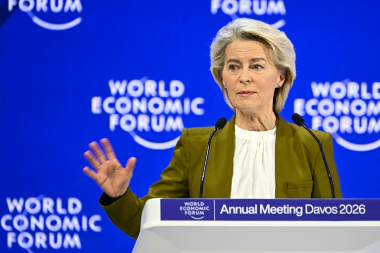 La présidente de la Commission européenne Ursula von der Leyen lors du Forum économique mondial de Davos, le 20 janvier 2026 en Suisse