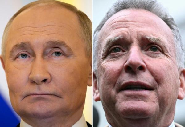 A gauche, le président russe Vladimir Poutine, le 12 novembre 2025 au Kremlin, à Moscou; à droite, l'émissaire américain Steve Witkoff, le 6 mars 2025 à la Maison Blanche, à Washington