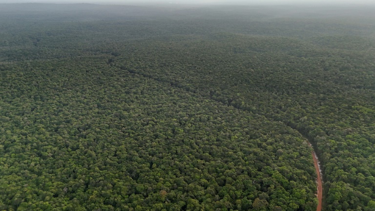 La piste en terre reliant sur près de 500 km Georgetown, capitale du Guyana, à Lethem, dans le sud-ouest, à la frontière du Brésil, le 28 août 2025