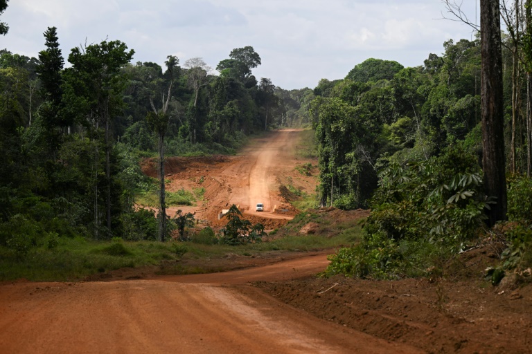 Un véhicule emprunte la route en terre reliant sur près de 500 km Georgetown, capitale du Guyana, à Lethem, dans le sud-ouest, à la frontière du Brésil, le 28 août 2025