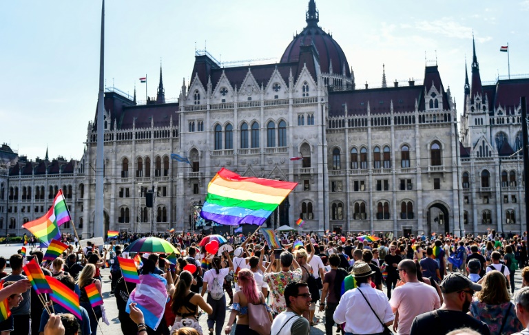 Des manifestants devant le Parlement hongrois lors de la marche des fiertés de Budapest le 7 juillet 2018